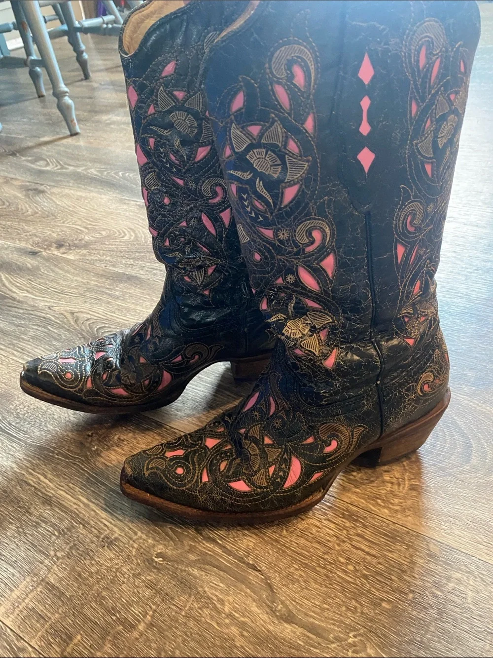 Women's Black Leather Cowboy Boots with Pink Embroidered Insets - Picture 7 of 16